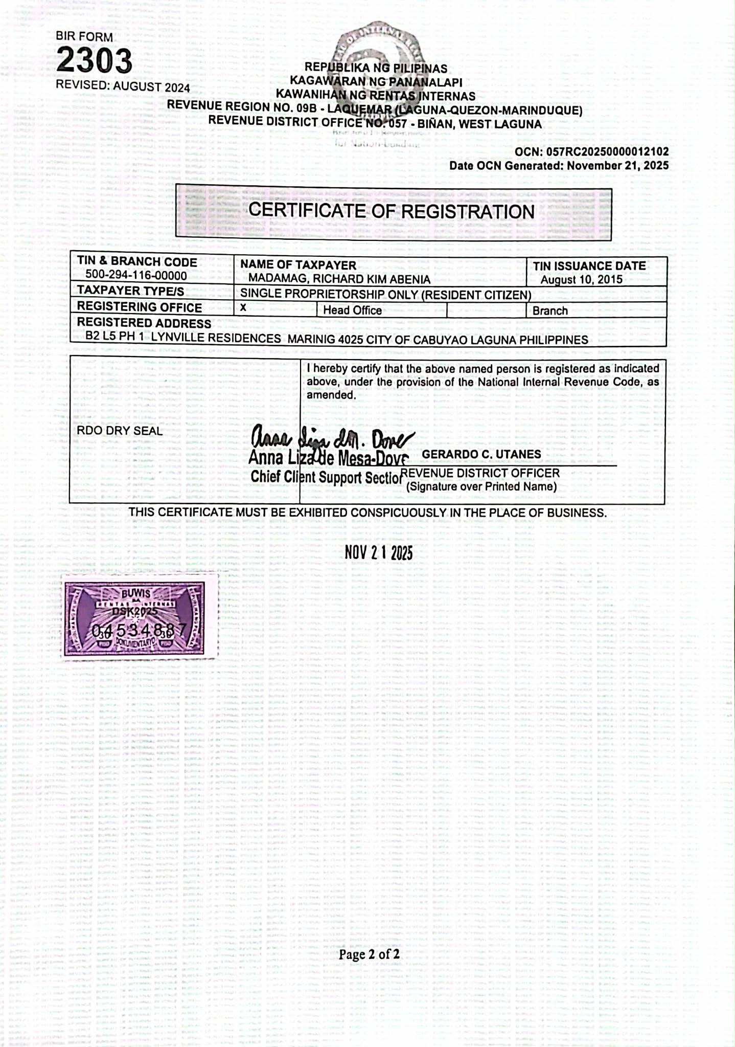 BIR Certificate of Registration